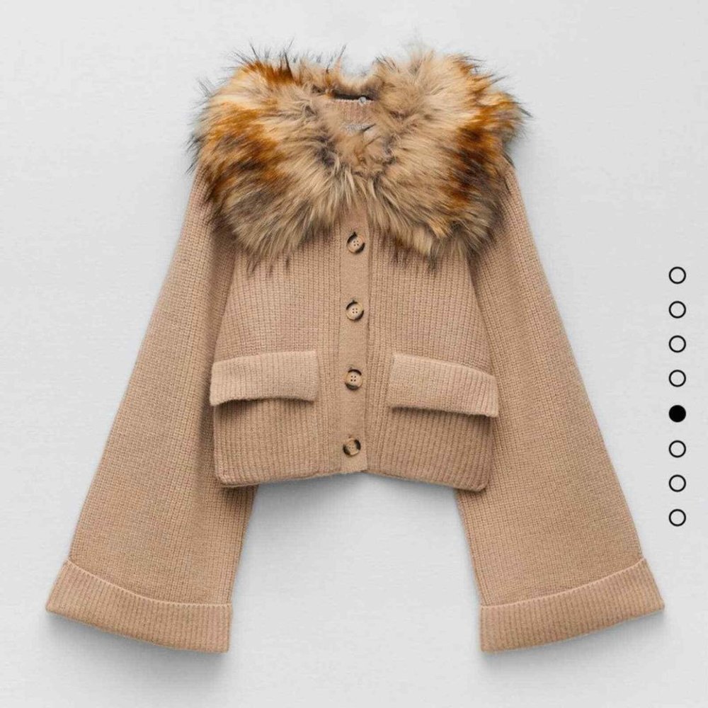 ZARA KNIT CARDIGAN WITH FAUX FUR COLLAR in Dark Mink